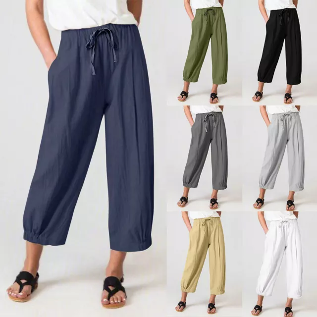 SUMMER WOMEN LINEN Pants Trousers Waist Wide Leg Loose Fit Pants $21.99 -  PicClick