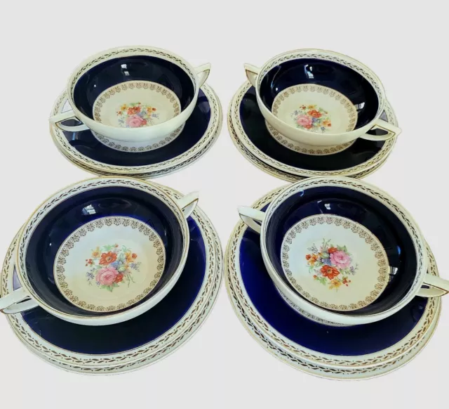 Vintage Crown Ducal Cobalt Blue Soup + 2 Plat X 4 Sets  Empress 4746