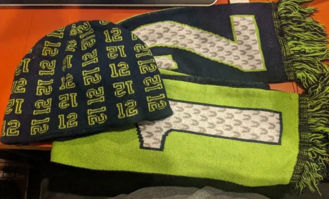 Lot of 2 NFL Seattle Seahawks Reversible Scarf & Stocking Hat 12th Man Louder