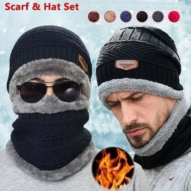 Unisex Beanie Hat Scarf Set Winter Warm Fleece Knitted Thick Ski Cap Neck Cover