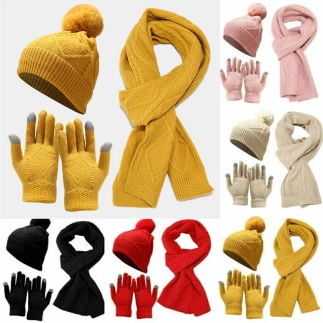 2PCs Womens Ladies Girls Thick Knit Hat Scarf AND Gloves Set Knitted Winter NEW