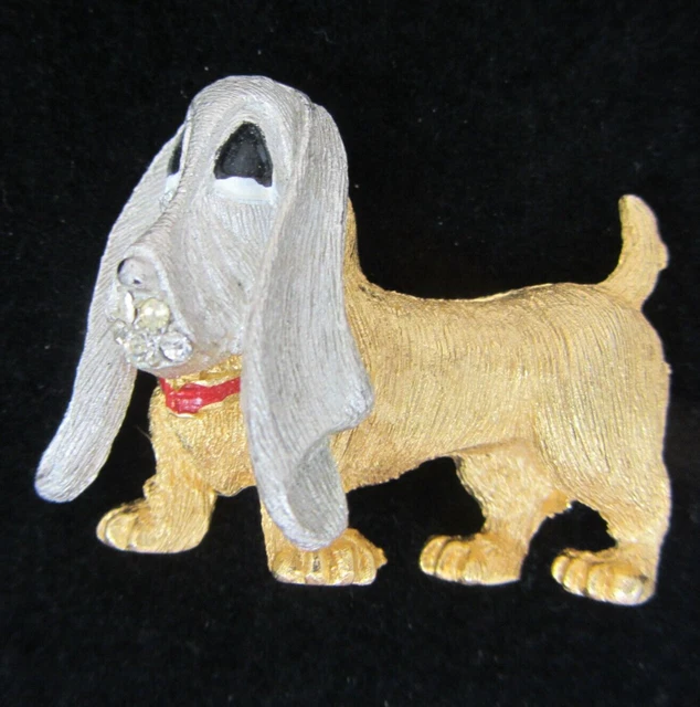Vintage Bassett Hound Dog Brooch Pin Mixed Metal Silver Gold Tones & Rhinestones