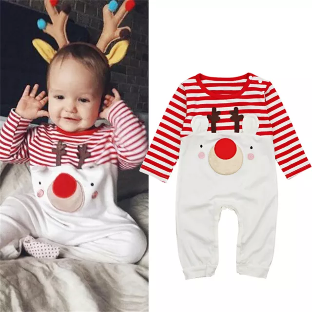 Baby Girls Boys Christmas Romper Clothes Cartoon Striped Print Jumpsuit Outfits