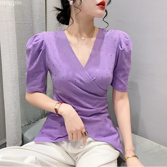 Western Lady V-neck Asymmetric Slit Puff Sleeve Party Cocktail Tops Shirt Blouse