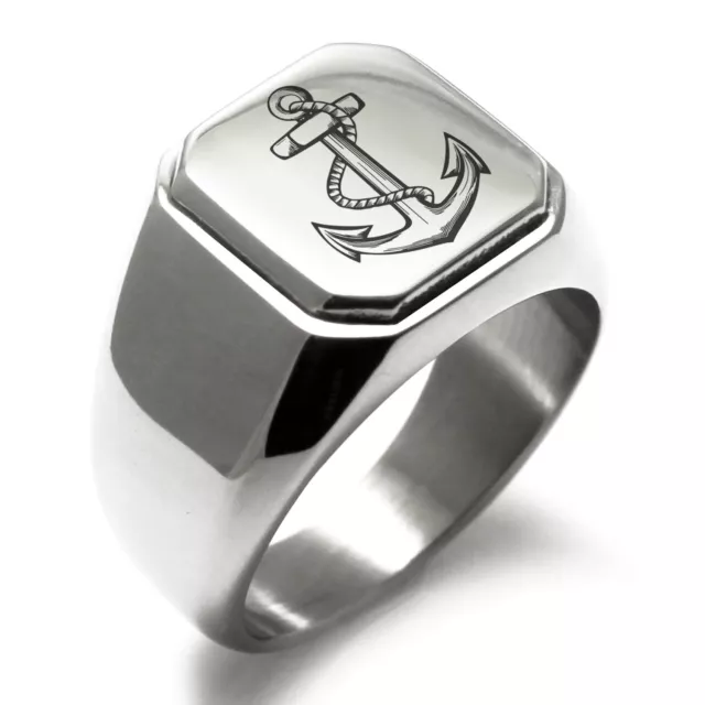 Stainless Steel Mariner Nautical Anchor Symbol Square Biker Style Signet Ring