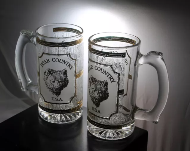 Vintage Culver Gold Glass Beer Stein Mug Tankard Bear Country USA 22K Gold Pair