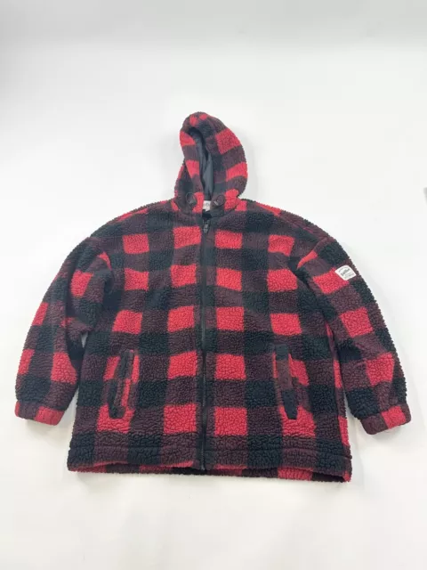 Wallflower Jacket Womens Small Red Black Buffalo Plaid Full Zip Up Hooded Fleece