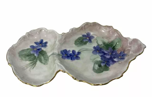 Antique Tressmann & Vogt Limoges France 2 Section Candy Dish-Handpainted Violets