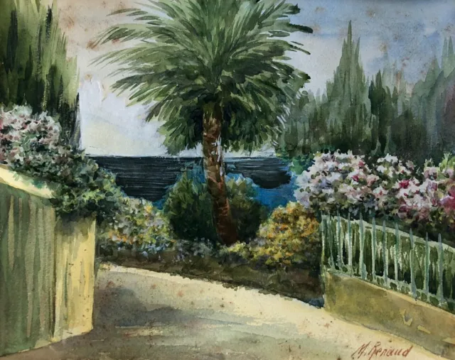 Antigua acuarela firmada Madeleine Renaud, Allée Arborée, siglo XX