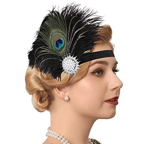 1920s Flapper Headband Peacock Feather Headpiece Black Gatsby Feather