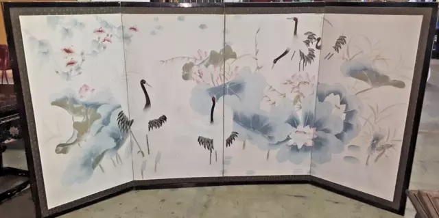 VINTAGE 4 Panel Foldout Painted Silk Screen Art Panels - Oriental Heron Cranes