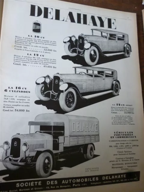 DELAHAYE 10, 12 et 16 CV automobile camion 1 publicité papier ILLUSTRATION 1927