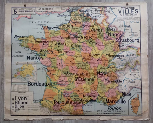 🌎 Ancienne carte scolaire murale Vidal-Lablache 5, 1920 - France Villes