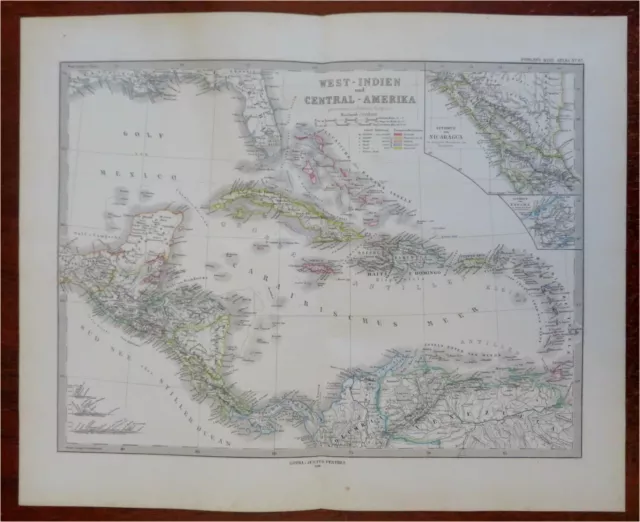 Caribbean Sea West Indies Cuba Jamaica Puerto Rico 1879 Berghaus detailed map