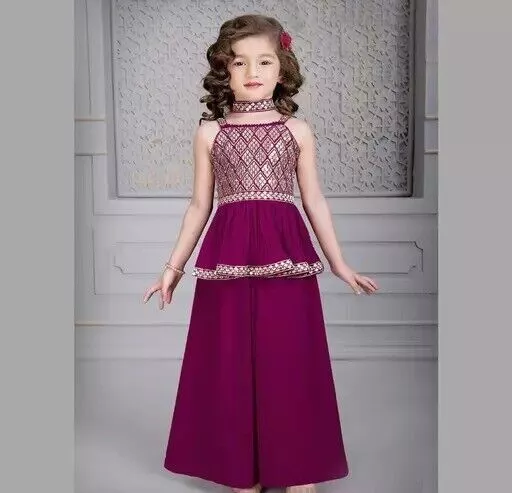 Niña bordada Eid Wear Kurta y Palazzo Set Dupatta para niñas de 2 a 11 años