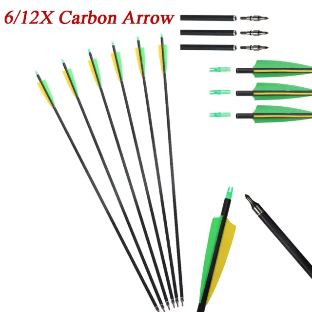 30'' 6/12Pcs Archery Carbon Arrows Spine 500 Arrowhead 100 Grain Hunting Target