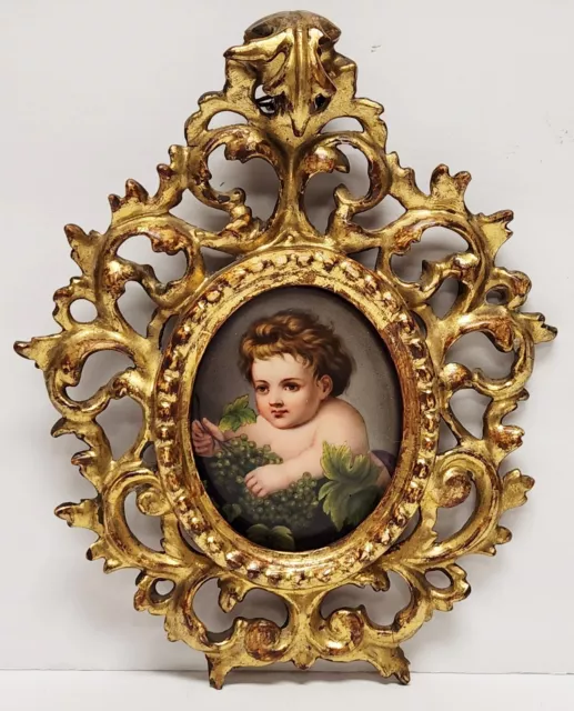 Antique 1860's Hand Painted Porcelain Gilt Wood Florentine Frame Wall Hanging