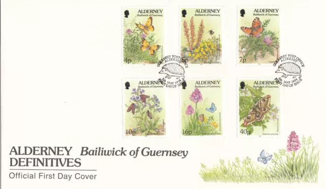 (133128) CLEARANCE Butterflies Flowers 4p - 40p Definitives Alderney FDC  1994