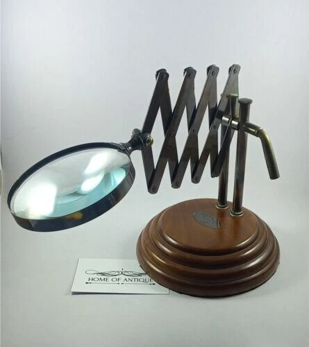 Brass Magnifying Glass on Wooden Stand Vintage Style Desktop Tabletop Magnifier
