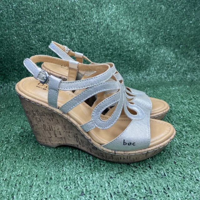 BOC Born Light Gold Leather Wedge Sandals Cork Heels Ankle Strap Womens 7M