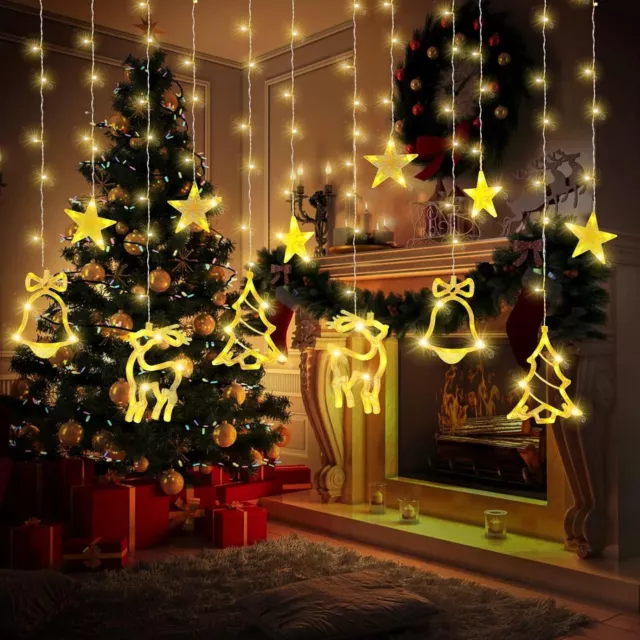 Christmas LED Curtain Lights Star Elk Window String Fairy Waterproof Decors Xmas