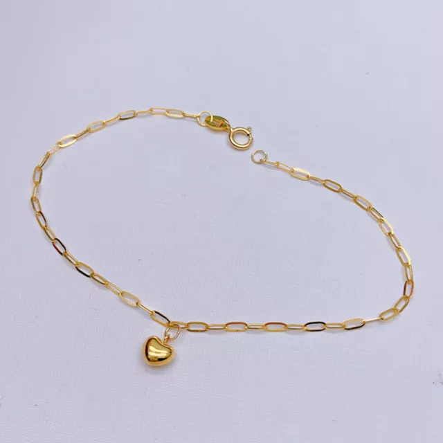 New Real 18K Yellow Gold Women Lucky Heart Charm Cable Chain Bracelet 6.7"L