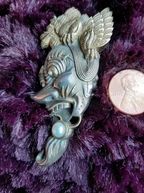 Rare Antique Dragon Oriental Brooch Sterling /Gold