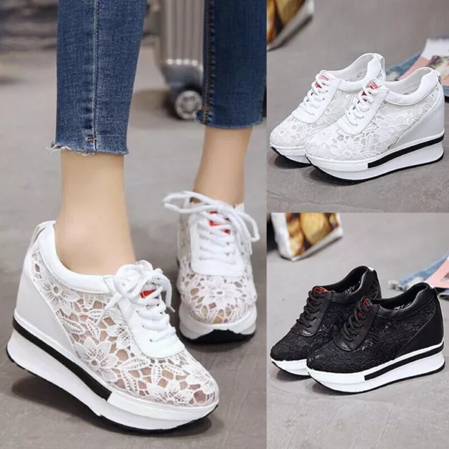 Womens Platform Hidden Wedge Casual Shoes High Heels Sneakers Lace Up Mesh Shoes