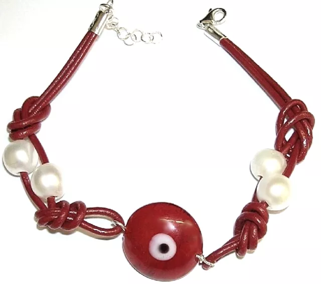 Bracelet Œil Turc 20 MM Rouge Avec Cuir, Perles Cultivées Et Argent De Loi 925