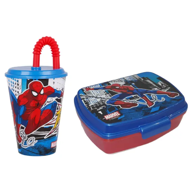 Set Spiderman Marvel Bicchiere Con Cannuccia + Portamerenda Set Pappa Uomo Ragno