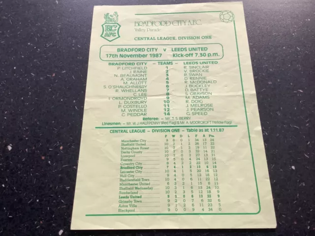 Bradford City V Leeds United Central League Div 1 Reserves Match Programme 1987