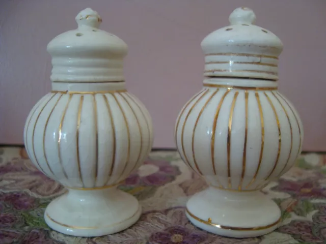 Vintage Salt & Pepper Shakers Japan Old Castle White Gold Stripes Porcelain