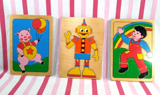 Charming Retro 1970s 3pc Colorful Chunky Wooden Preschool Frame Tray Puzzle Trio