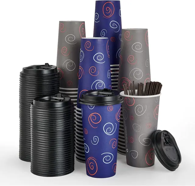 100 Pack 20 Oz Paper Coffee Cups, Disposable Coffee Cups with Lids, and Stirrers