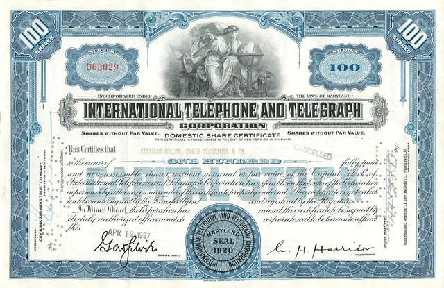 Vintage International Telephone & Telegraph Stock Certificate Canceled ITT Stock