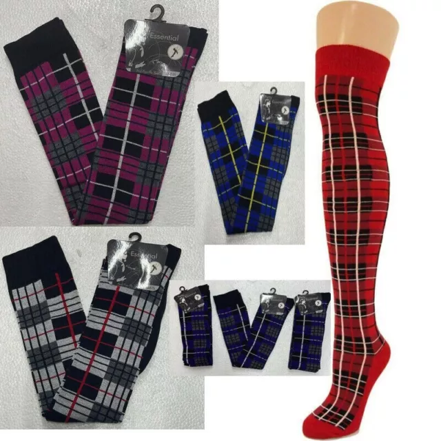 Damen Over The Knee Socken Damen Weich Dehnbar Tartan Kariert Oberschenkel Hohe Otk Socke