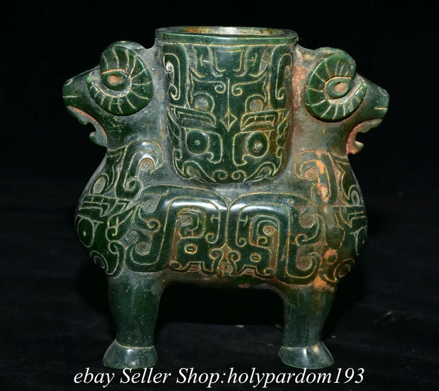 6.2" Old Chinese Green Jade Carved Dynasty Double Sheep Zun Bottle Statue