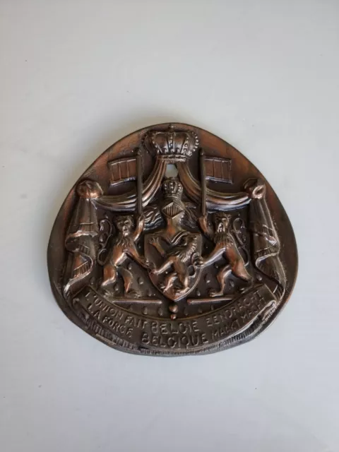 Placa Antigua de Metal Regalo Real Belga " UNIÓN Hecho El Bélgica Empire