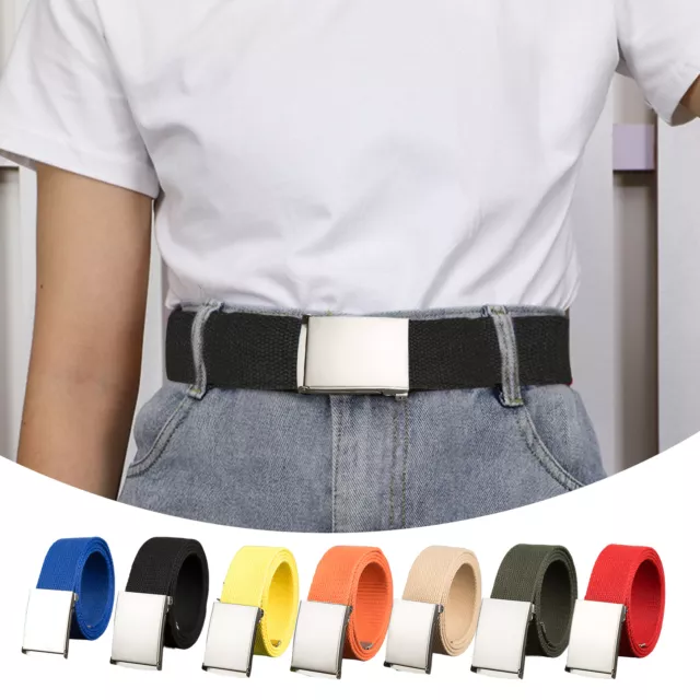 New Mens Womens Unisex Cotton Canvas Fabric Webbing Silver Buckle Belt Army 2