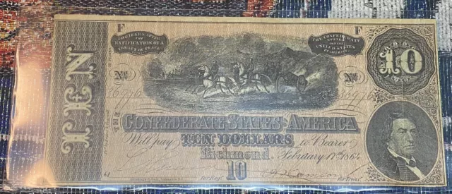 1864 T-68 $10 The Confederate States of America Note - CIVIL WAR Era