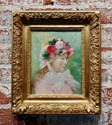 Jules Garnier -19th century Girl in Pink with a flower Bonnet-Oil painting