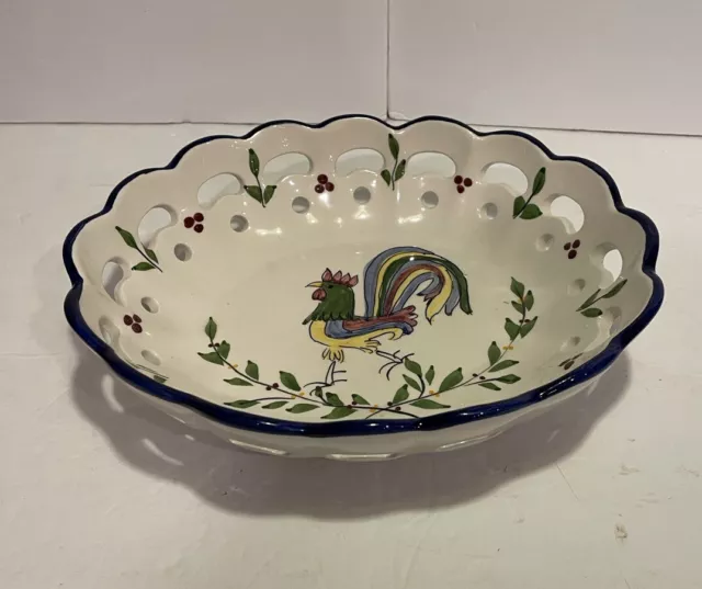 Hand painted Chicken Ceramic Oval Lattice Bowl Rooster Made In Portugal Vintage
