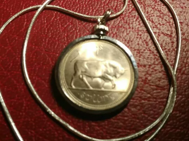 1964 Irish Bull and Harp Shilling Pendant 24" .925 ITALIAN STERLING Snake Chain