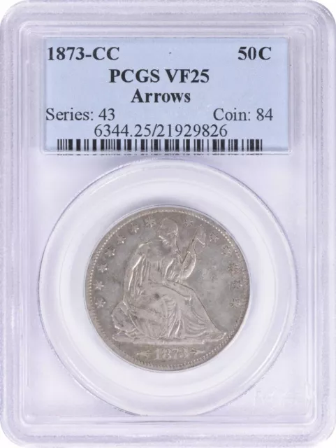 1873-CC Liberty Seated Silver Half Dollar Arrows VF25 PCGS