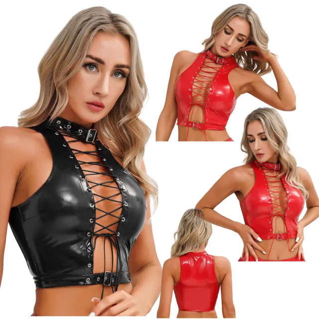 Femme Débardeur Sexy Brillant Crop Top Corset Bustier en Cuir Verni à Lacets