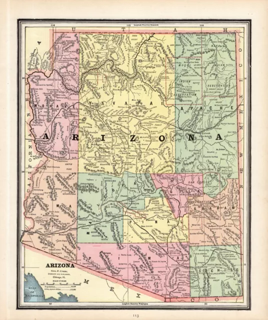 1888 Antique Arizona State Map George Cram Arizona Atlas Map Wall Decor 1535