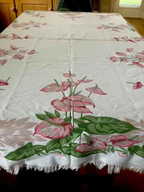 Linen Tablecloth VTG Retro Chic Cottage 64 x 48 Pink Calla Lilies MINOR FLAWS