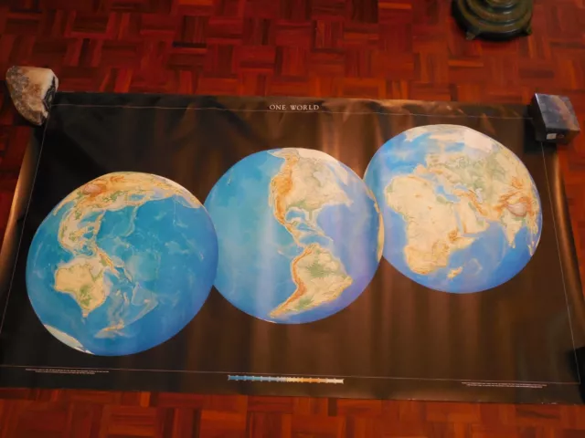 One World Poster Wall Map, Topographic, Raven Maps, 36"  X 64", 1990!