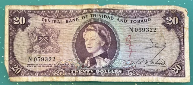 1964 $20 Trinidad & Tobago RARE YOUNG QUEEN ELIZABETH BANKNOTE