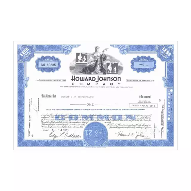 Howard Johnson Co. Stock Certificate // 1-99 Shares // Blue // 1960s-70s